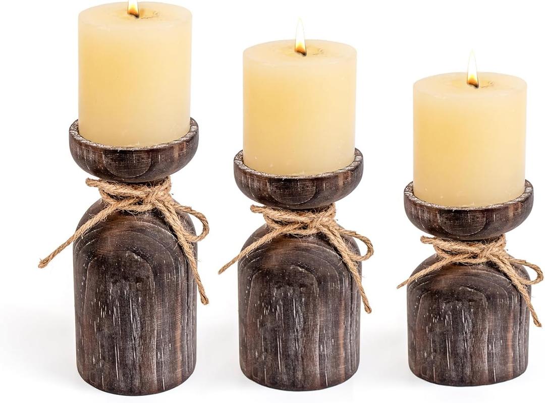 Farmhouse Wooden Candle Holders for Pillar Candles, Brown Distressed Set of 3 Rustic Wood Pillar Wood Candle Stands with Hemp Rope Bow Table Centerpiece Decor for Fireplace, Living, and Dining Room (Break White)