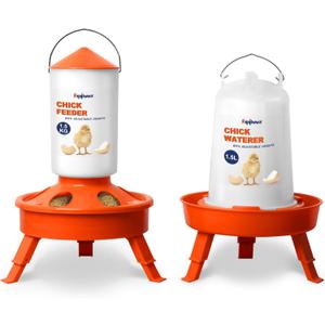 Chick Feeder and Waterer Kit, Top Fill 1.5kg Chick Feeder and 1.5L Chick Waterer with 3 Adjustable Heights (Orange)