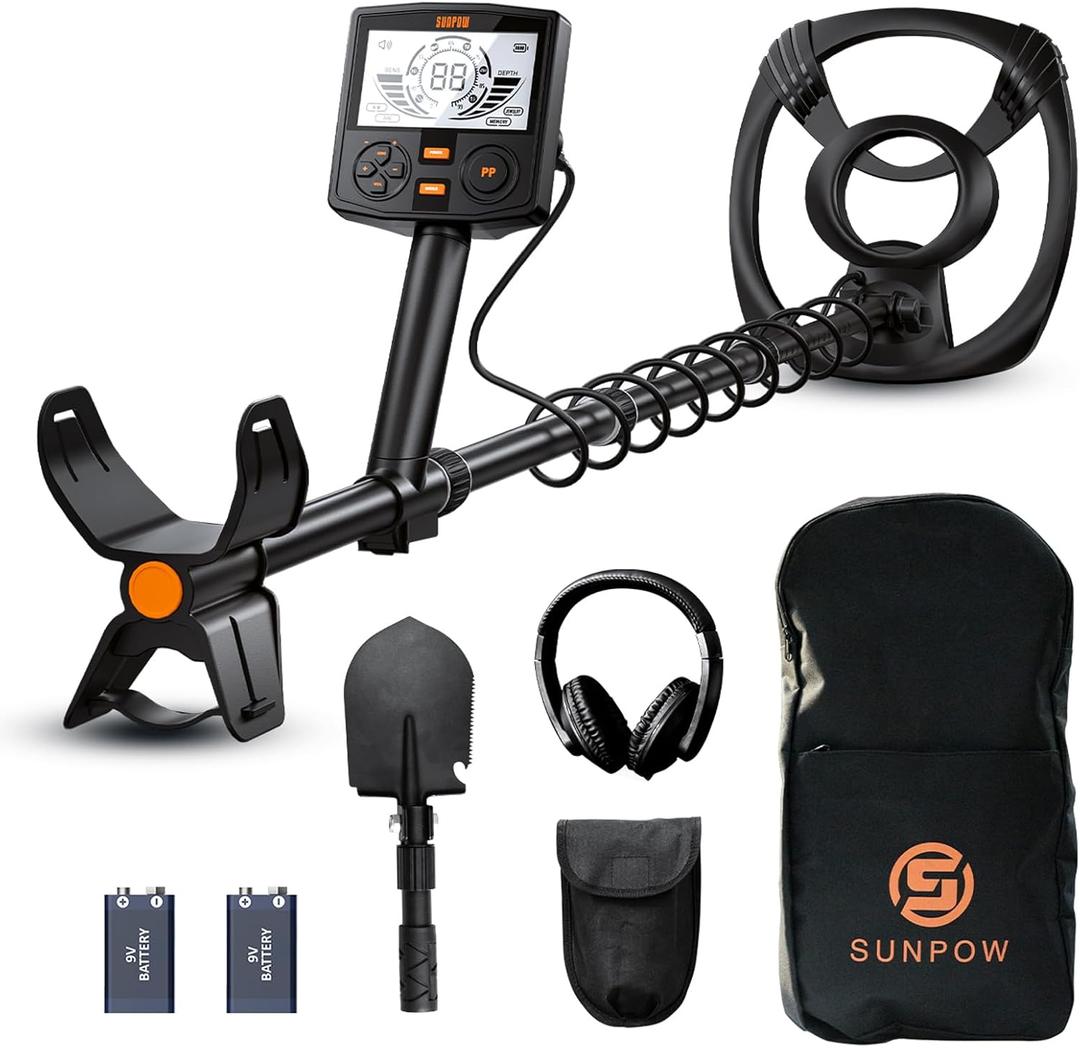 SUNPOW Metal Detector for Adults Professional - High Accuracy with 12" Waterproof Coil, 2x Backlit LCD Display, Advanced DSP Chip, 5 Modes, Adjustable Length (19"-59"), Sturdy Spiral Structure -OTMD14