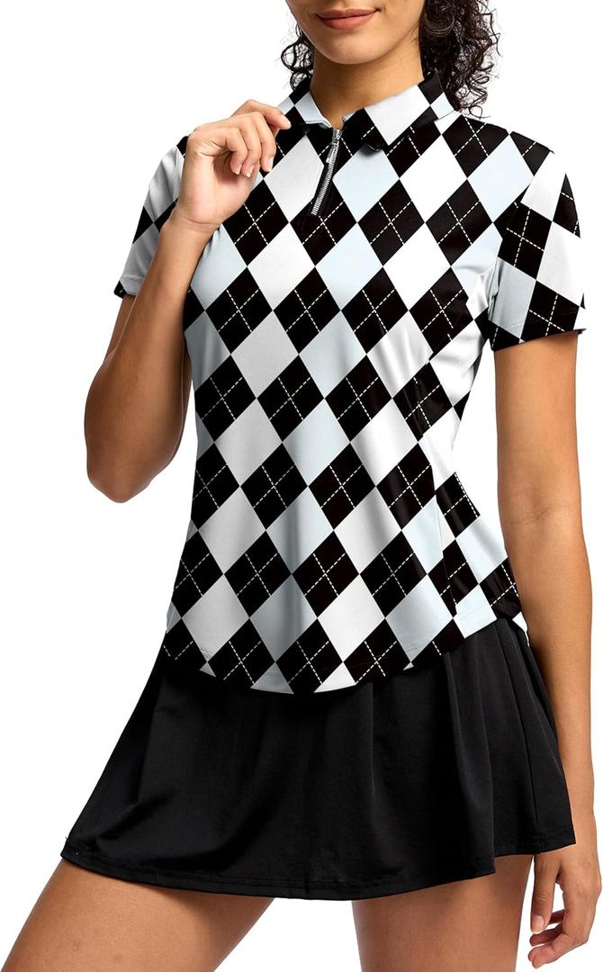 G Gradual Womens Golf Shirt Metal Zip Up Polo Short Sleeve Tennis Work Athletic Collared Top Quick Dry Lightweight, L