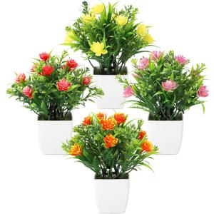 4 Pack Small Artificial Plants with Flowers - Mini Fake Potted Plants for Home Decor Indoor, Office Desk, Bathroom, Shelf, Table Decorations