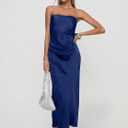 DAAWENXI Women's Summer Sexy Strapless Satin Tube Bodycon Midi Dress Side Slit Cocktail Party Long Dresses (Blue, L)