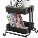 Melody House 2-Tier Metal Utility Rolling Cart Storage Organizer with Cover Board Mobile Trolley Sofa Side Table with Wheels for Office Home Kitchen Organization Black