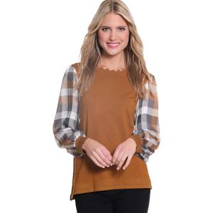 MULTIPLES Women's Cuffed Long Sleeves Scallop Neck Band Sweater Top (Brown)