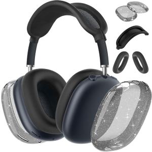 AirPods Max Case Cover,Anti-Scratch Ear Pad Case Cover/Ear Cups Cover/Headband Cover for AirPods Max, Clear Soft TPU and Silicone,Skin Scratch Proof (3 in 1 Silicone & TPU, 3PC, Glitter Black)