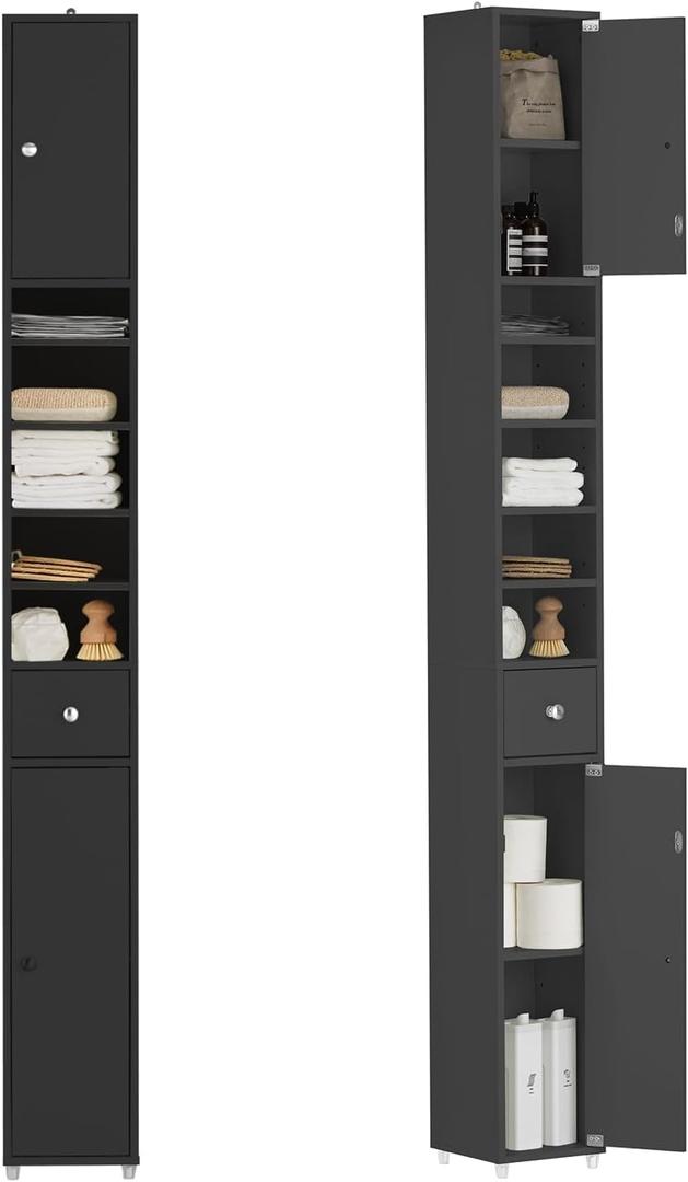 SoBuy Narrow Bathroom Storage Cabinet, Tall Slim Bathroom Organizers and Storage for Small Spaces, Freestanding Skinny Cabinet with Doors and Shelves for Tight Corners, Black BZR34-SCH