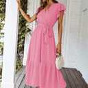 PRETTYGARDEN Women's Summer Floral Boho Dress Wrap V Neck Short Sleeve Ruffle A-Line Flowy Maxi Wedding Guest Dresses (Solid Rose Pink,Medium)