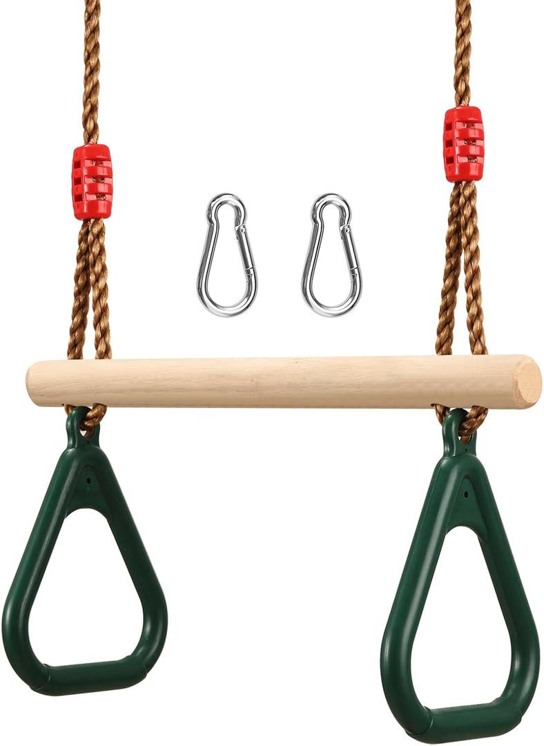 PELLOR Playground Children's Wooden Trapeze Swing Bar with Plastic Gym Rings Swing Set for Indoor & Outdoor Fun (Green)