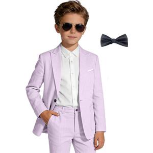 Kids Linen Suits for Toddler Boy 2 Piece Slim Fit Summer Outfit for Teen Casual Beach Wedding Tuxedo Jacket Pants Set,size 4