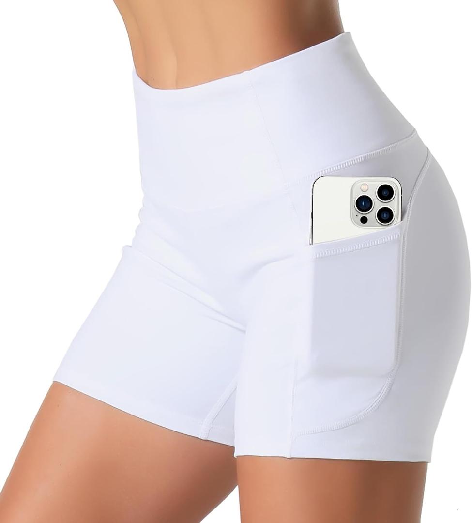 Dragon Fit High Waist Yoga Shorts for Women with 2 Side Pockets Tummy Control Running Home Workout Shorts(Small, White)