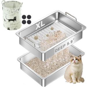 Stainless Steel Sifting Cat Litter Box for Clumping Clay Litter,Large Metal Litter Box with Litter Bag,Sifting Tray and Handle for Easy Lifting, Odor Control (23.6"x15.7"x5.9")