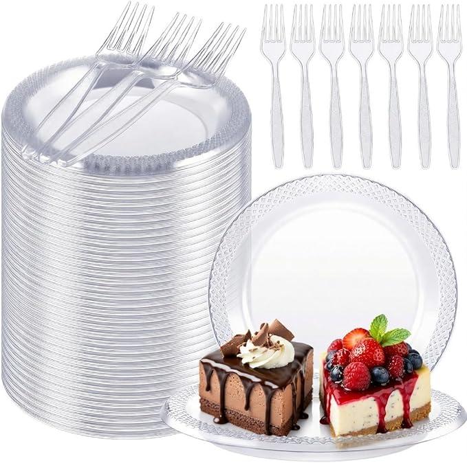 Hushee 600 Pcs Clear Plastic Dessert Plates 6'' with Forks 7'' for Cake Appetizer, 300 Small Disposable Plates and 300 Plastic Forks, Serve 300 Guests for Wedding Birthday Party Bulk