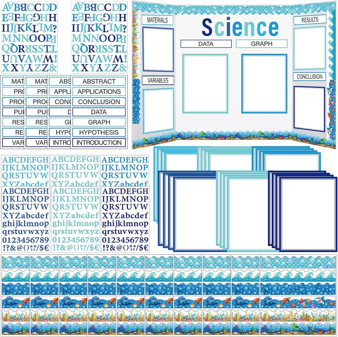 96 Pcs Science Fair Board Supplies 60 Trim Scalloped Poster Boards 24 Presentation Border Stickers 4 Self Adhesive Project Titles 8 Letter Sticker for Classroom Display(Ocean Style)
