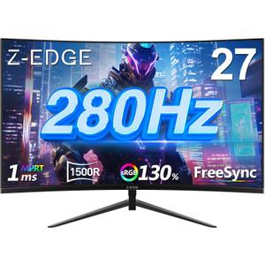 Z-Edge 27 inch Curved Gaming Monitor, FHD 1080P 240Hz 280Hz Curved 1500R Computer Monitor, Fast MPRT 1ms, FreeSync, Low Blue Light, 350nits, 16.7M Colors, 4000:1 Contrast, UG27P 2X DP and 2X HDMI