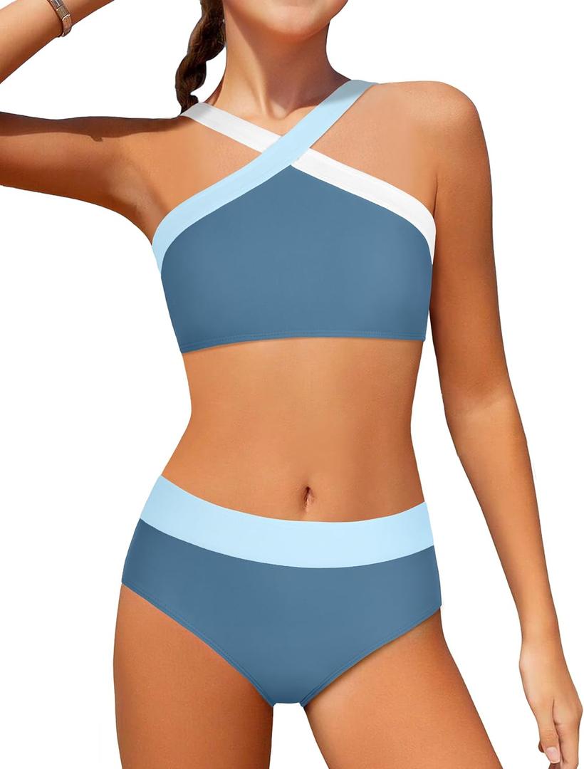Girls Swimsuits 2 Piece Bikinis Set Colorblock Bathing Suits Criss Cross Strap Girls' Swimwear (Blue, 15-16Y)