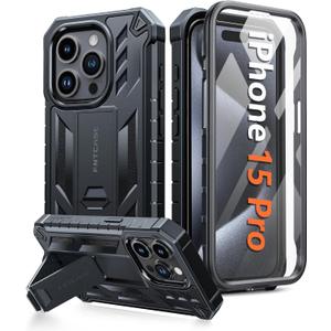 FNTCASE for iPhone 15 Pro Case: Military Grade Drop Proof Rugged Protective Cell Phone Cover with Kickstand & Built-in Protector | Matte Textured Shockproof TPU Hybrid Bumper Cases (Black)