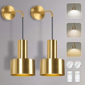 Gold Battery Operated Wall Sconce, Wireless Wall Lights Set of 2, Dimmable Wall lamp with Remote Control, 3000K-6000K Adjustable Modern Luxury LED Light Fixtures for Kitchen Bedroom Living Room Stairs