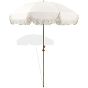 Seazul 7.5ft Patio Umbrella with Fringe, Beach Umbrella, Fringe Umbrella Outdoor Patio with Hanging Hook, Tilting Aluminum Pole, UV 50+, Fiberglass Ribs, Elegant Cream