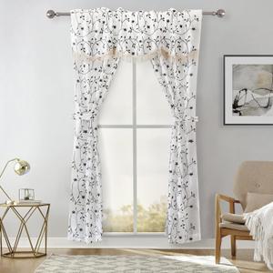 Randall Floral Sheer Curtain Panel Set with Attached Valance Botanical Embroidery Taffeta- 2 Panels+1 Valance with Tassel and 2 Tiebacks for Bedroom (Rod Pocket, 27"84", White)