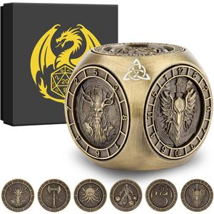 DND Fingertip Spinner Dice, Metal Dice Set with 3D Pattern, Polyhedral Rotating Game Dice, for DND Gifts with Dragon Logo Gift Box, Role Playing Board Game Accessories, Bronze