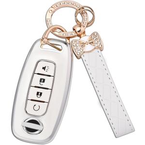 Key Fob Cover for Nissan - 4 Buttons Soft TPU Key Fob Case for 2023 2024 Pathfinder Rogue Versa kicks 2025 Sentra Patrol Armada Full Protection Car Key Cover with Bling Keychain (White)