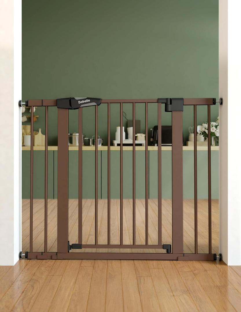 Babelio Baby Gate for Doorways and Stairs, 26-40" Auto Close Dog Gate, PressGuard C5, Easy-Install Pressure Mounted Satey Door, No Drilling Safety Gate for Child and Pets, Brown
