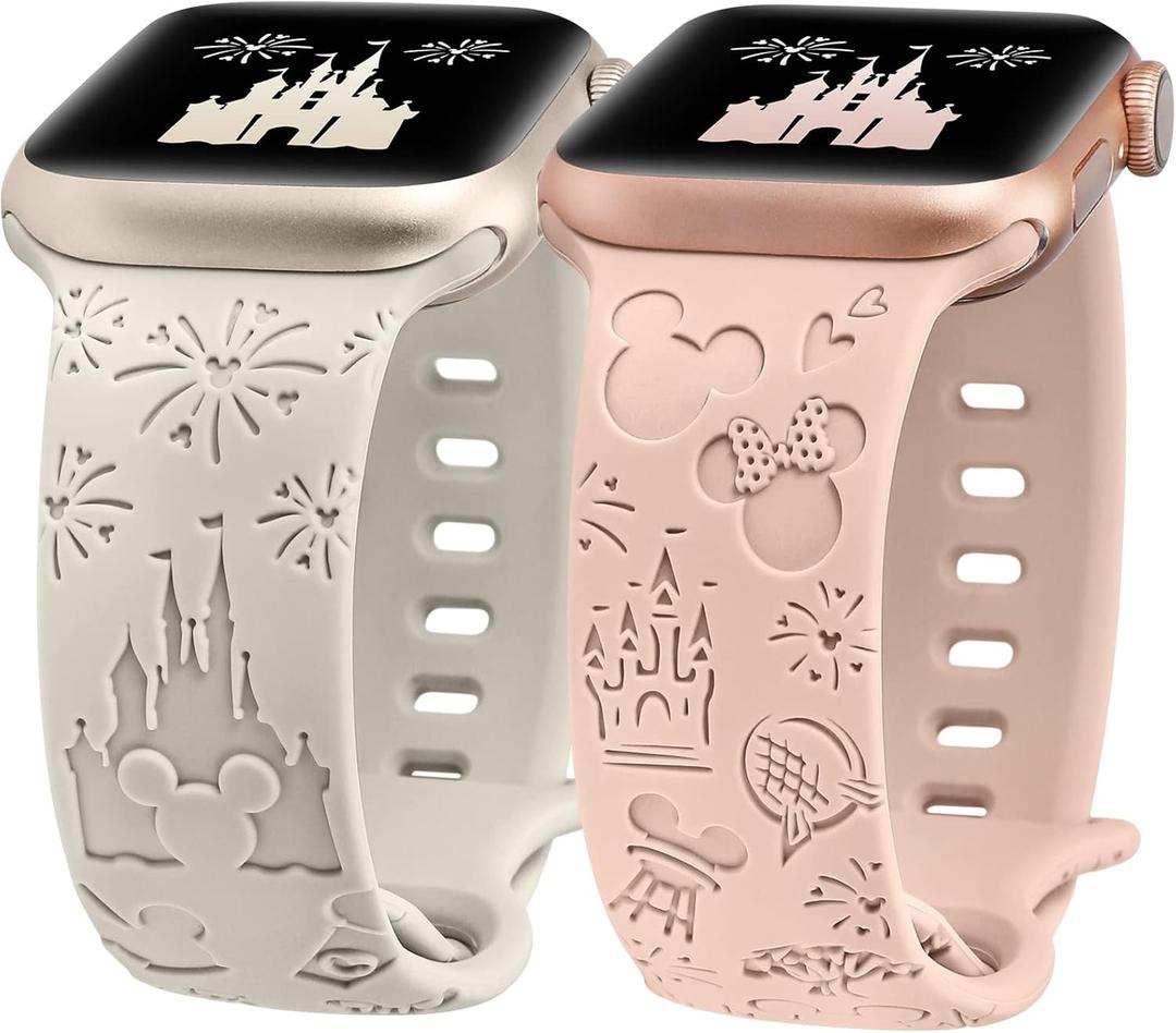 2 Packs Cartoon Engraved Band Compatible with Apple Watch Band 38/40/41/42/ 44/45/ 46/49mm Women, Cute Designer Soft Silicone Strap for iWatch Series 11 10 9 8 7 6 5 4 3 SE/Ultra 3 2 1 (Starlight & Pink)