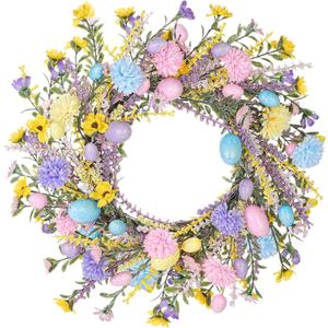 Aneco 24 Inch Easter Wreath Spring Artificial Flower with Colorful Eggs Hydrangeas Daisies Eucalyptus Leaves for Easter Spring Home Window Wall Door Decor Holiday Supplies