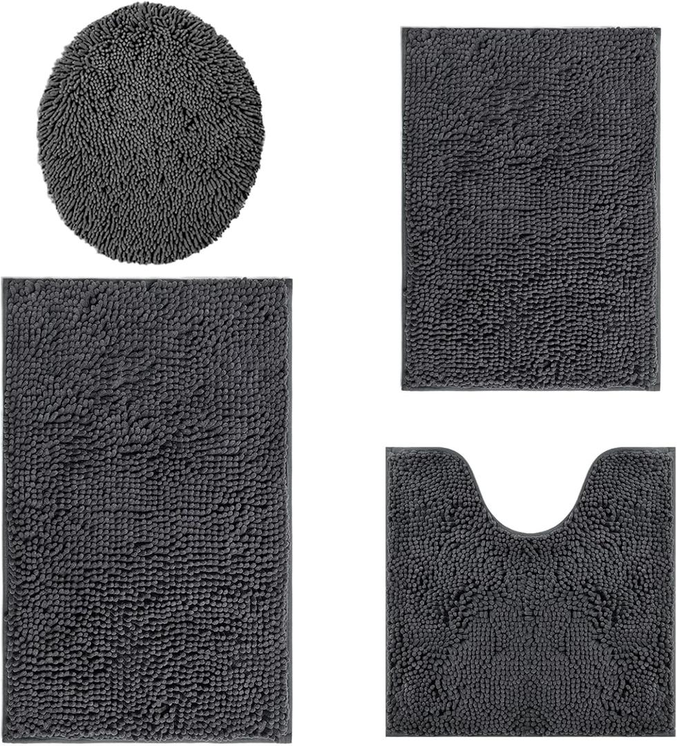 Bathroom Rugs Sets 4 Piece, Extra Soft Absorbent Chenille Bath Rugs, Non Slip Rubber Backing Machine Washable Quick Dry Bath Mats for Bathroom Floor, Tub, Shower, Home Decor Accessories, Deep Grey (16"x24"+20"x32"+U20"x20"+Cover18"x19", Dark Gray)