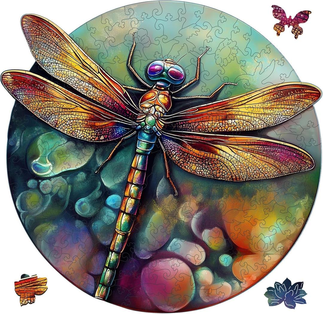 Mys Aurora Wooden Puzzles for Adults, Dragonfly Jigsaw Puzzles 500 Pieces, Unique Shaped Round Flower Puzzles for Adults and Kids, Family Game 16.5 x 16 Inch
