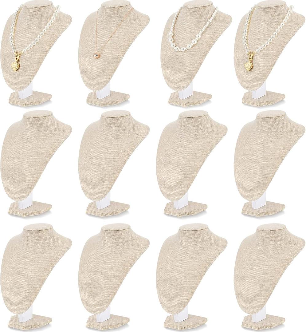Huquary 12 Pcs Necklace Stand Display Jewelry Bust Display Stands Necklace Stand Jewelry Photography Props for Selling for Home Store Trade Shows(Flaxen,Linen)