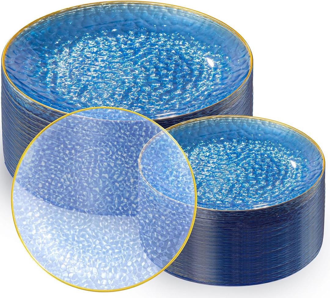 Rubtlamp 100Pcs Blue Gold Plastic Plates, Blue Disposable Plates With Gold Rim, Hammered Plastic Plates Include 50 Dessert Platos, 50 Dinner Platos for Party
