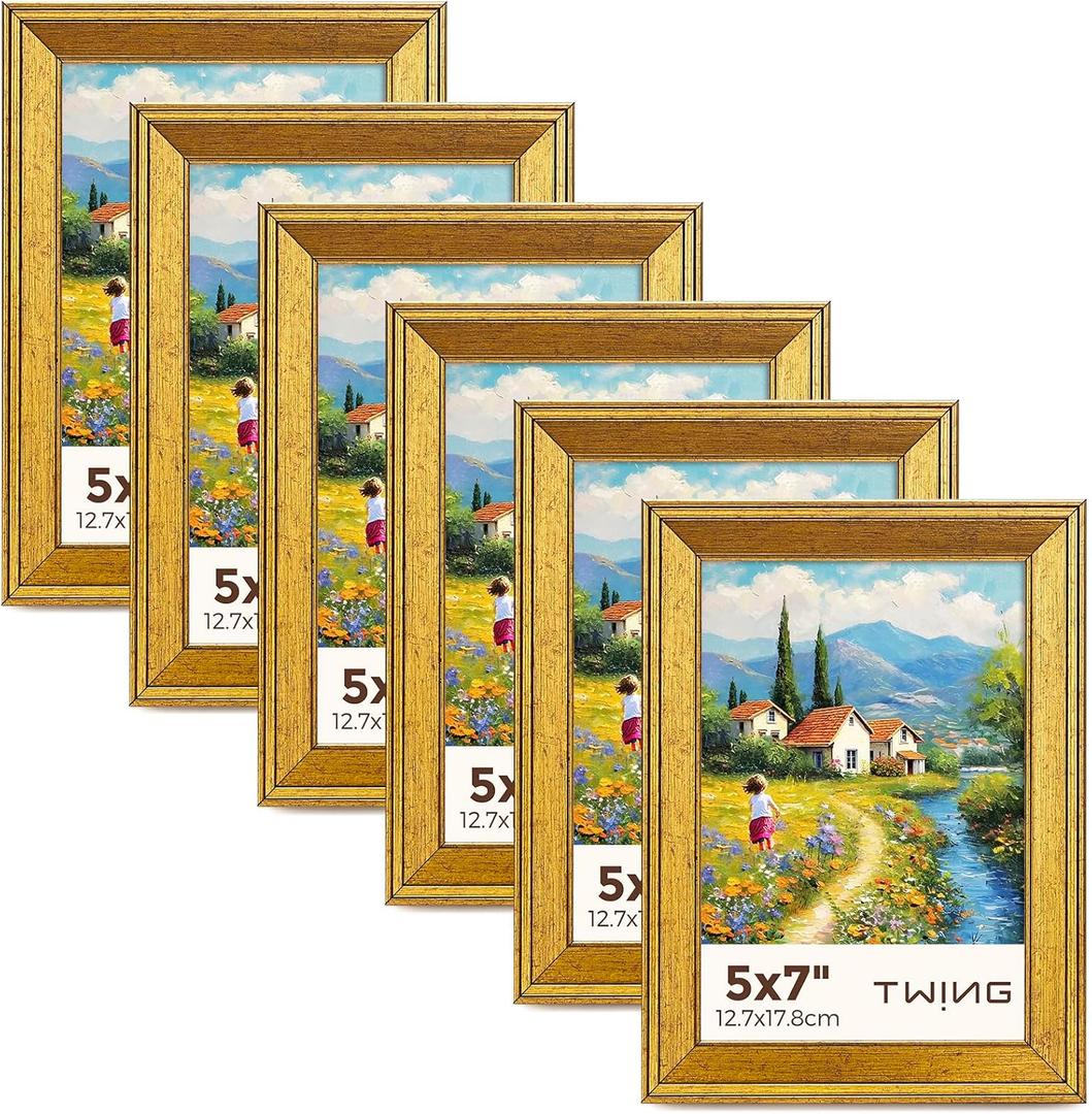 TWING 5x7 Gold Picture Frames Set of 5,Rustic Gold Frames Display Pictures 4x6 with Mat or 5x7 Without Mat,Tabletop Display and Wall Mounting Home Collage Photo Frame,Set for Wall Gallery