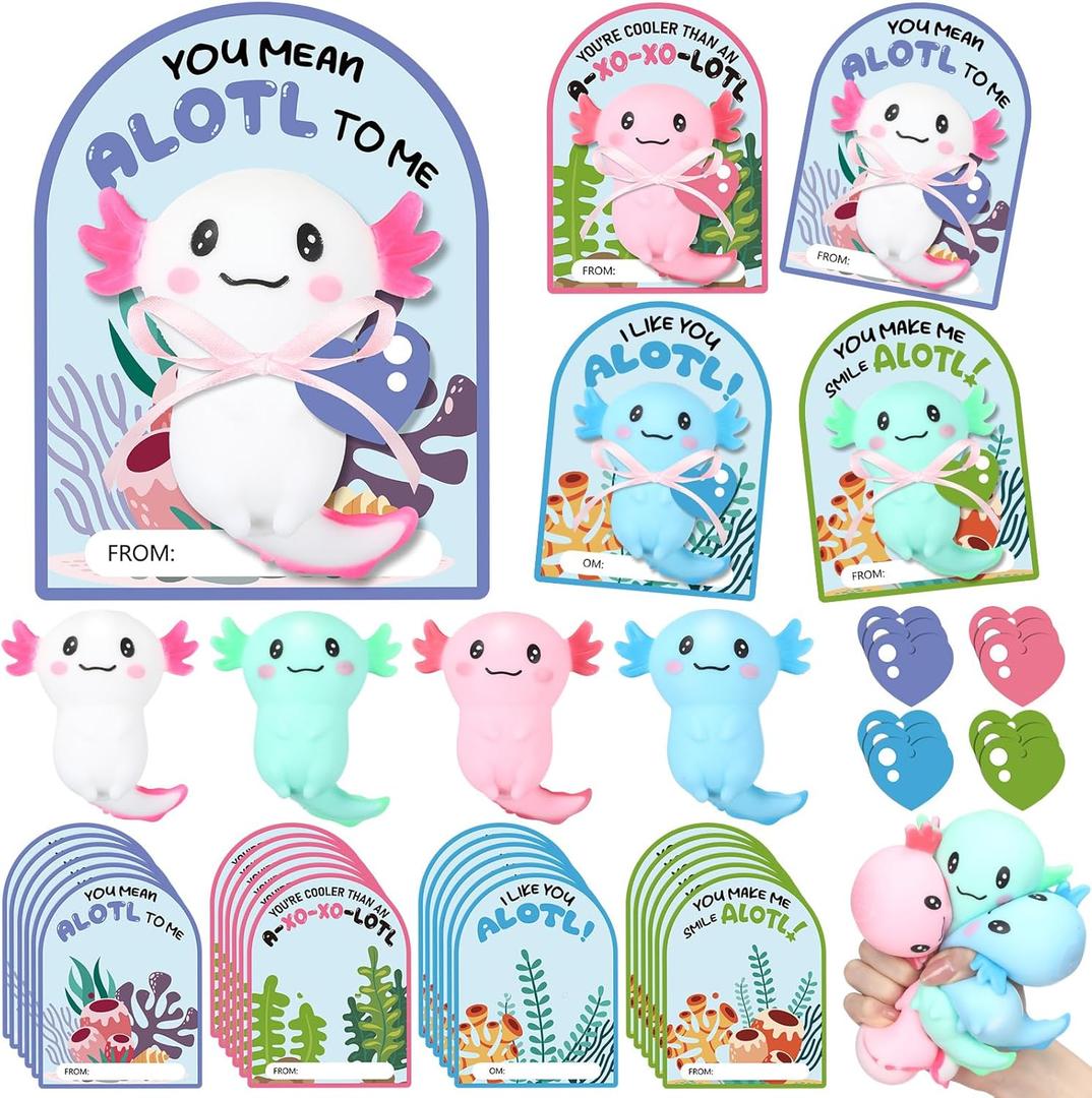 12 Sets Axolotl Valentines Day Gifts Bulk Large Axolotl Stress Relief Toys with Heart Cards Opp Bags Valentine Party Favors for Exchange Gift Rewards