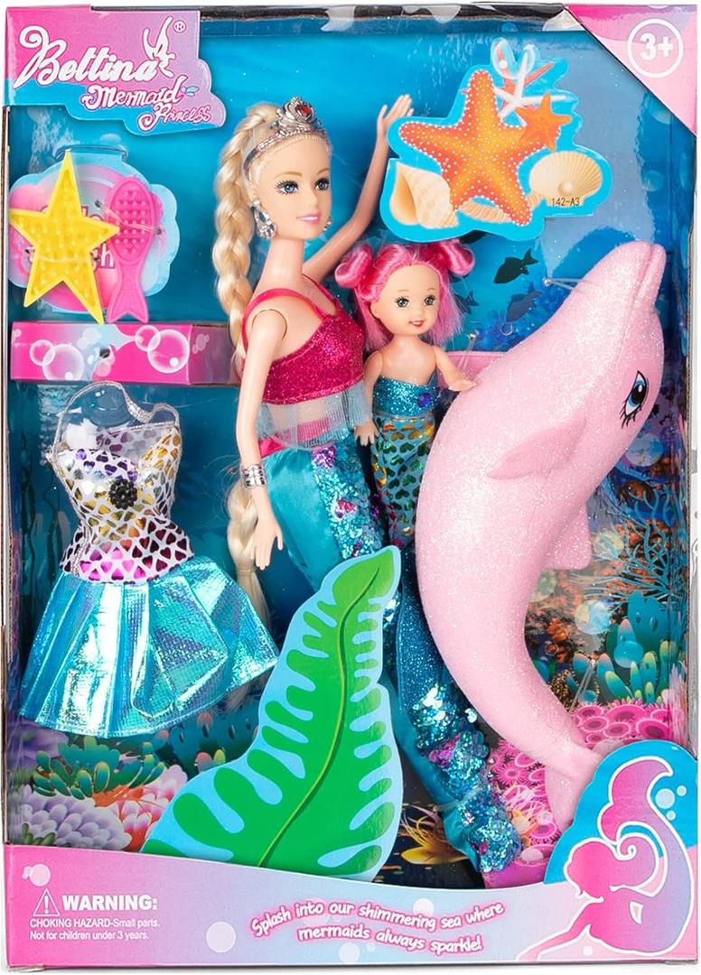 Princess Doll with Little Mermaid & Pink Dolphin Playset, Blonde Hair Dolls Toys with Accessories, Gift for 3 to 7 Year Old Girls