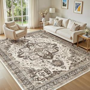 Washable 5x7 Area Rug for Living Room - Vintage Distressed Carpet with Non-Slip Backing, Soft Stain Resistant Low Pile Indoor Rug for Bedroom & Dining Room, Kid & Pet Friendly - Dark Brown
