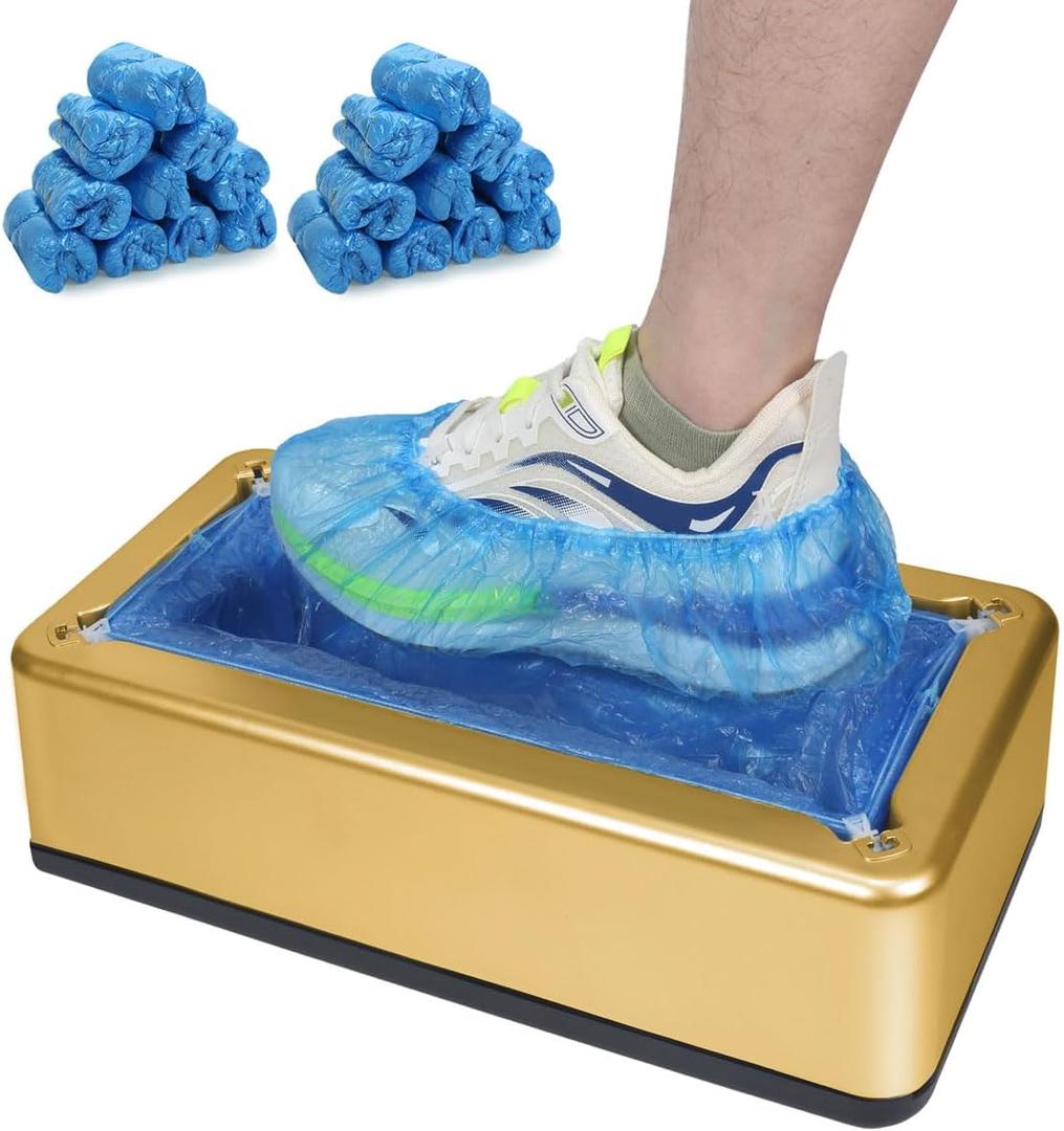 Automatic Shoe Cover Dispenser Machine with 200pcs Disposable Non-Slip Waterproof Covers - Fits Safety Shoes US 6-11- for HomeOfficeFactory - Easy Load & Hygienic Design (Gold)