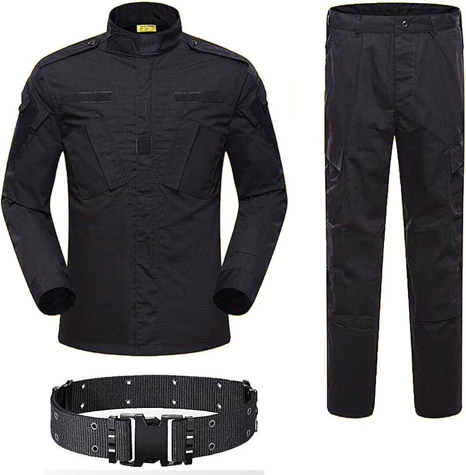 Military Tactical Mens Hunting Combat BDU Uniform Suit Shirt & Pants with Belt MC (Large, Black)