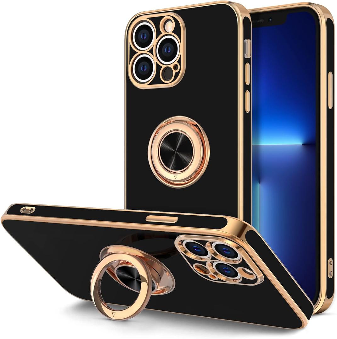 Hython for iPhone 13 Pro Max Case with Ring Stand [360Rotatable Ring Holder Magnetic Kickstand] [Plated Rose Gold Edge] Slim Soft TPU Cover Luxury Protective Phone Case for Women Men, Black