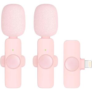 2 Pack Professional Wireless Lavalier Microphone for iPhone iPad (iPhone 14 and Below), Lapel Mics Plug-Play Clip on Lapel Mic for YouTube, Recording, Vlog, Facebook Live (Pink)
