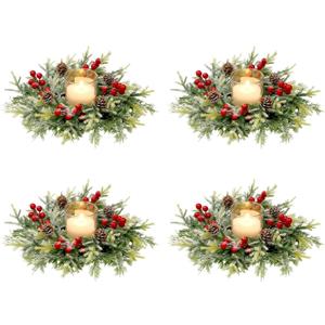 KHOYIME Christmas Candle Rings Wreath 8PCS Small Artificial Red Berry Pinecones Norfolk Pine Wreaths for Pillars, Mini Xmas Candle Holder Kitchen Cabinets Table Centerpieces Holiday Winter Decorations