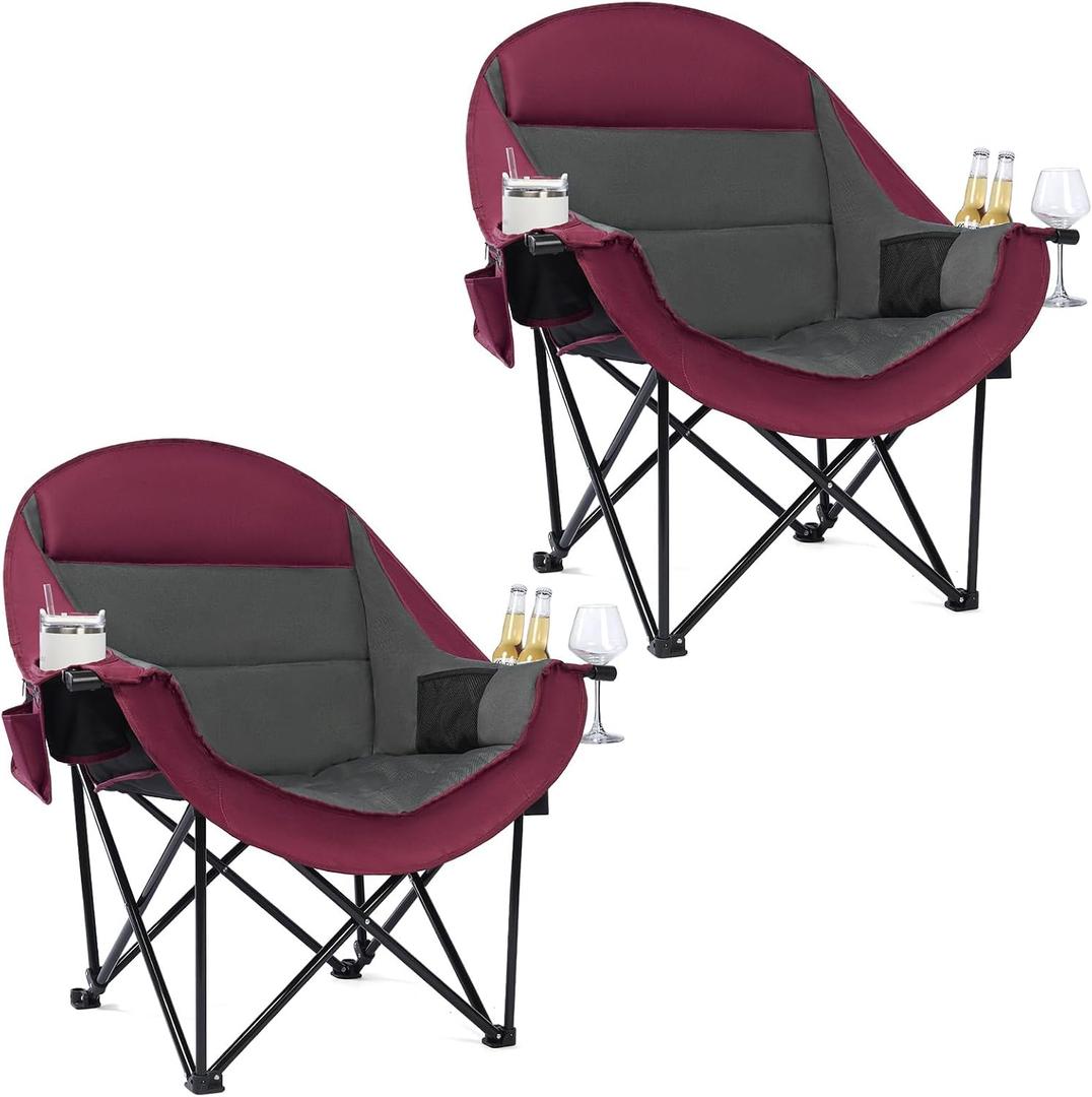 Oversized Camping Chair for Adults 2 Pack - Heavy Duty Outdoor Padded Chair | Comfy XL Large Lawn Camp Chair with Cup Holder Cooler Pockets for Sports Beach Fishing Portable Supports 500lbs,Red, Twin Pack