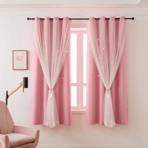 Girls Curtains for Living Room Bedroom Curtain Double Layer Blackout Curtains 63 Inch Length Star Cutout Pink Curtain Window Drapes for Nursery (Pink, 42W x 63L,2 Panels)