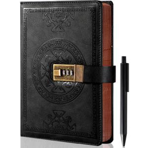 CAGIE Journal with Lock for Men and Women Refillable 290 Lined Pages Locked Journal with Pen, Diary with Lock 180 Lay Flat for Writing Travel Diary, 5.7'' X 8.3'', Black