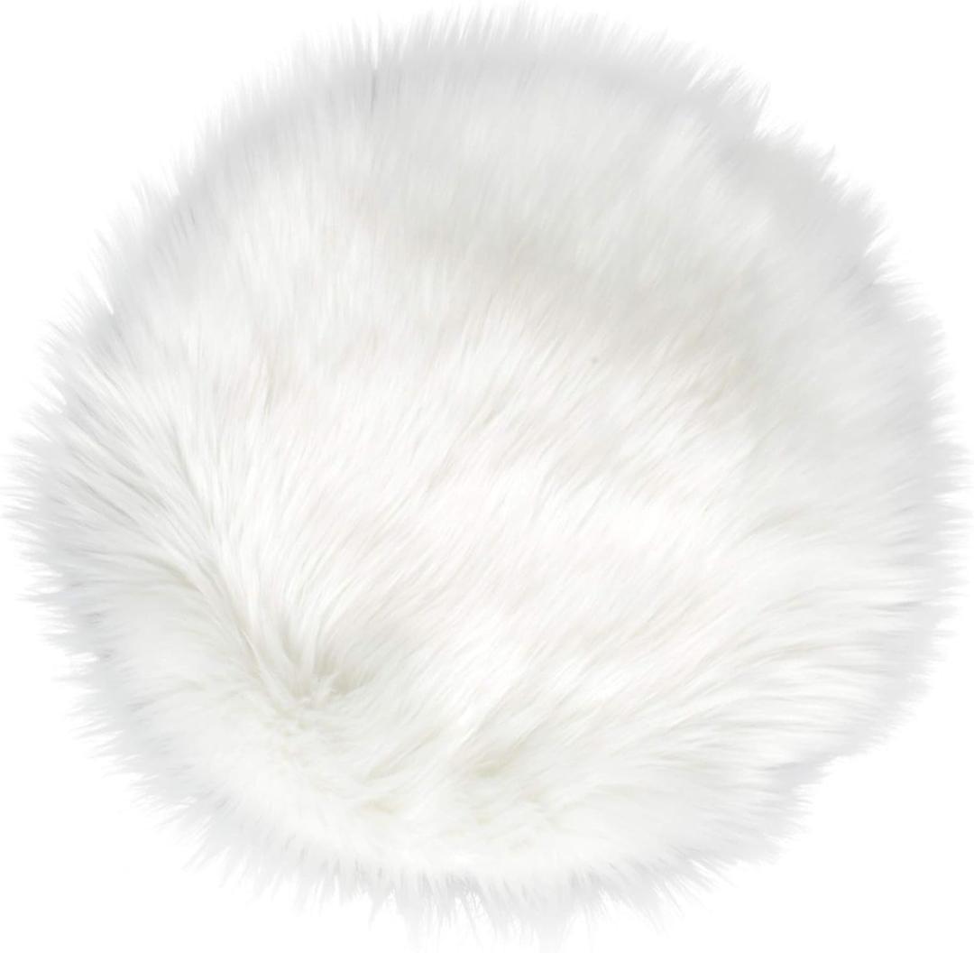 IVON 15.5 Inches White Round Faux Fur Rug, Fluffy Rug Cushion for Chair, Background for Nail Desk Photos