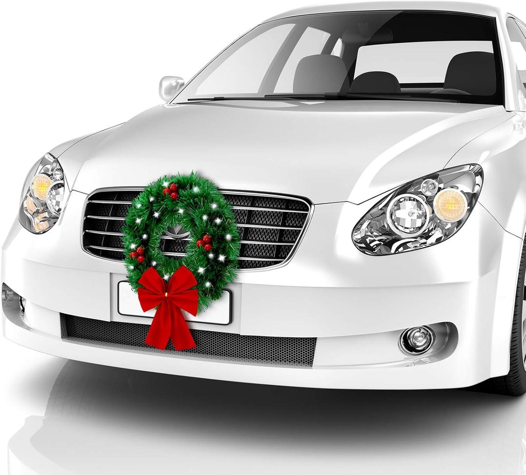 BBTO LED Lighted Car Wreath with Red Bow and Berries - Artificial Leaves, SUV & Truck Mounting Equipment for Holidays