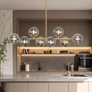 Dining Room Chandelier 37" Gold Sputnik Linear Chandelier for Dining Room, Island Light for Kitchen with Gray Globe Rectangle Linear Sputnik Pendant Light for Kitchen Island, Copper
