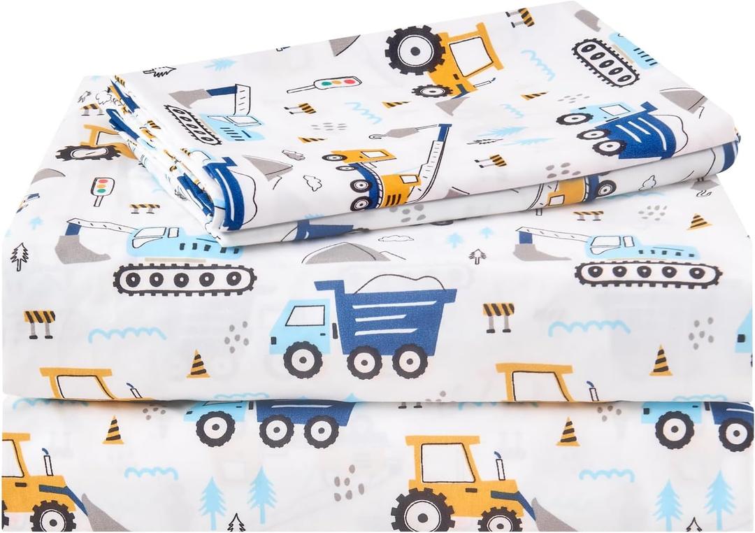 Kids Sheet Set Twin Size 3 Pcs, Boys Sheet Set with Blue Excavator Car PatternKids Boys Twin Fitted SheetBreathable & Silky Soft Microfiber Fitted Sheet