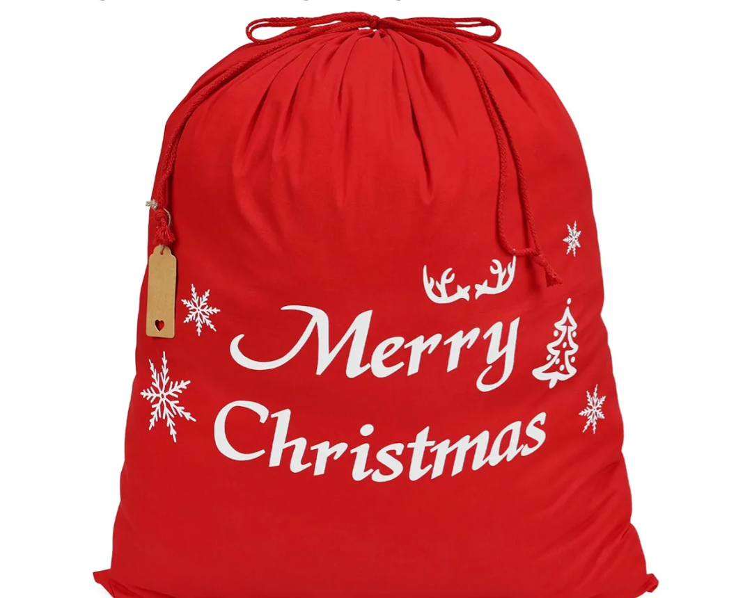 JOINDO Cloth Christmas gift bag, Extra Large Size (28 x 32 inches), Classic Santa Sack Design, Drawstring Design, 100% Cotton