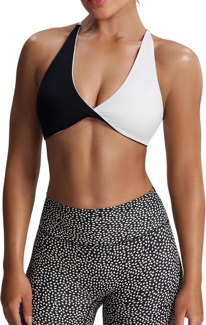 Aoxjox Women's Workout Sports Bras Fitness Backless Padded Sienna Low Impact Bra Yoga Crop Tank Top (Black and White) S